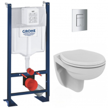Grohe Pack Wc Bâti Autoportant Avec Cuvette Porcher Rimless + Abattant + Plaque Chrome (projectporcher-1) - Bricoman