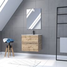 Pack Meuble Sdb 60cm Suspendu 2 Tiroirs Chene_vasque Blanche + Miroir Led - Timber 60_pack31 - Bricoman