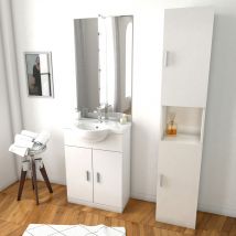 Ensemble De Salle De Bain Blanc 60cm + Vasque En Céramique Blanche + Miroir Led + Colonne 2 Portes - Bricoman