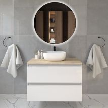 Meuble De Salle De Bain 2 Tiroirs Avec Vasque À Poser Arrondie Balea Et Miroir Rond Led Solen - Blanc - 80cm - Tecnomat