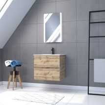 Pack Meuble Sdb 60cm Suspendu 2 Tiroirs Chene_vasque Blanche + Miroir Led - Timber 60_pack10 - Bricoman