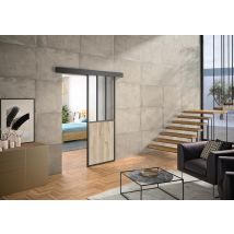 Kit Porte En Applique Atelier Noir Chêne Terra Cadre Aluminium Verre Dépoli Blanc - H 204 X 730 Mm - Bricoman