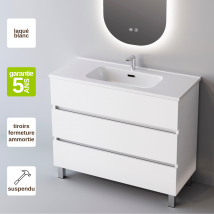 Meuble Salle De Bain Atrani 61cm – Plan Vasque Céramique, 3 Tiroirs, Finition Blanc Brillant, Hauteur 90 cm X Profondeur 45cm - Bricoman