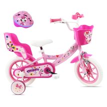Vélo Enfant 12'' Minnie / Disney Fille ( Taille < 90/95 Cm ), Rose & Blanc, Équipé D'un Porte-poupée, Panier Avant + Cas