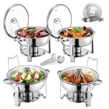 Succebuy Chauffe-plat 4 Bacs Ronds 4.7l Inox Avec Couvercle Verre, Pour Buffet, Hôtel, Restauration, Argenté.