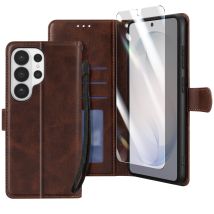 Étui Portefeuille Pour Galaxy S26 Ultra Avec Verre Trempé Et Dragonne Marron Enkay