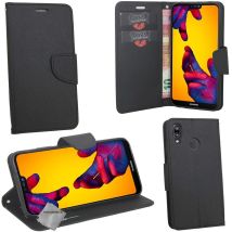 Housse Etui Coque Pochette Portefeuille Pour Huawei P20 Lite + Verre Trempe - Noir / Noir
