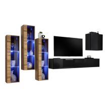 Composition Murale Switch Xiii – Meuble Tv, Vitrines Led Et Cube – Noir Et Chêne Wota