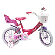 Vélo 14" Enfant 4/7 Ans "minnie" Avec Stabilisateurs, 2 Freins, Panier Avant Et Porte Poupée.