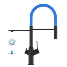 Mitigeur Évier 4 Voies, Pour Les Systèmes Eau Filtrée Et Gazeuse, Douchette 2-jets Détachable, Noir Mat/bleu Clair