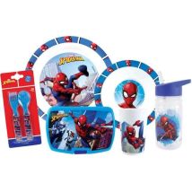 Lot Vaisselle - Spiderman - Verre, Assiette Ø22 Cm Et Ø16 Cm, Couverts, Gourde Et Boite Goûter