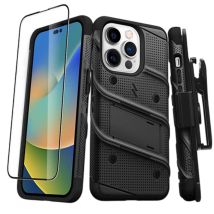 Coque Blindé Bolt Iphone 14 Pro Avec Support Et Verre Trempé 9h Ultra Résistant Noir Zizo