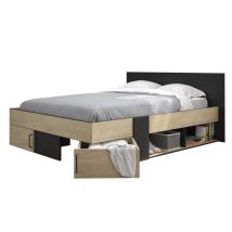 Lit Adulte Avec Tiroirs De Rangement - Chataignier Et Noir - 160 X 200 - Swivel