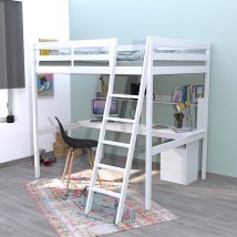 Lit Mezzanine Studio 140x190 + 1 Sommier + Caisson 3 Tiroirs + Bureau + Étagère / Blanc