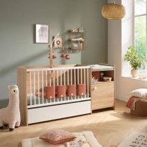 Lit Bébé Combiné - 120x60cm - Evolutif En 90x190cm - Babyprice Up - Décor Bois - Avec Commode A Langer 1 Porte