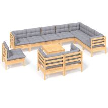 Salon De Jardin 11 Pcs Avec Coussins Gris Bois De Pin Solide 6