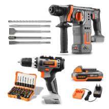 Pack Outils 20v Sans Fil - Fuxtec - Visseuse Sans Fil Et Marteau Perforateur, Avec Batteries Et Accessoires