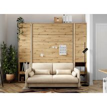 Lit Escamotable Vertical Chêne Avec Étagères Et Canapé Beige Noby-160x200-tête De Lit Avec