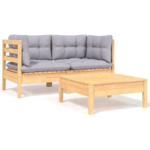 Salon De Jardin Mobilier D'extérieur Ensemble Table Et Chaise De Jardin 3 Pcs Avec Coussins Gris Bois De Pin Massif