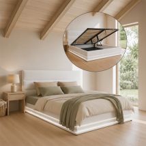 Lit Double Avec Coffre 150x190cm Pour Chambre À Coucher Blanc Similicuir Lumière Led Blanche Nitas