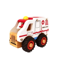 Ambulance En Bois Blanc Avec Roue En Caoutchouc