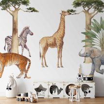 Papier Peint - Jungle Animals On White Background Made With Watercolour Technique 350x256