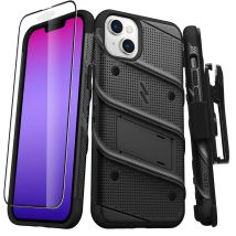 Pack Coque Avec Support Et Verre Trempé Iphone 14 Plus Bolt Blindée Antichoc Noir Zizo