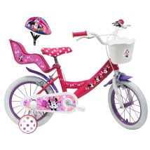 Vélo 14" Enfant 4/7 Ans "minnie" Avec Stabilisateurs, 2 Freins, Panier Avant Et Porte Poupée + Casque Inclus !