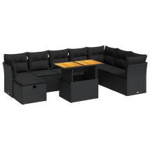 Salon De Jardin Avec Coussins 9 Pcs Noir Résine Tressée Acacia