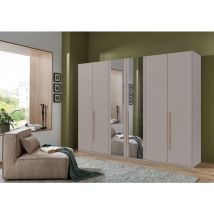 Armoire de Chambre - London - Gris Sahara - 6 Portes Battantes - 2 Miroirs - 3 Tiroirs - 270x58x208 cm