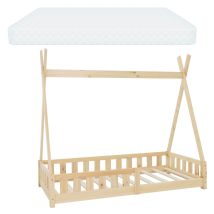 Lit D'enfant Tipi + Matelas Lit Avec Antichutes En Bois De Pin Naturel 80x160 Cm