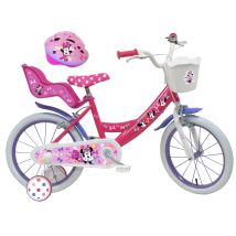 Vélo 16'' Enfant "minnie" Avec Stabilisateurs, 2 Freins, Panier Avant Et Porte Poupée + Casque Minnie !