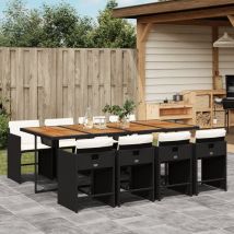 Ensemble À Manger De Jardin 9pcs Coussins Noir Résine Tressée