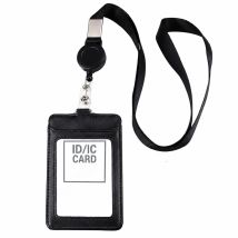 Étui Porte-carte D'identité En Cuir Véritable Avec Lanière Rétractable Black