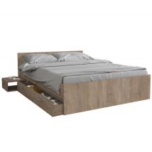 Lit 2 Places 140x190cm Couleur Chêne Tido Inclus Sommier, 1 Chevet Et 1 Tiroir Pour Rangement