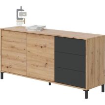 Buffet 2 Portes 3 Tiroirs - Panneaux De Particules Mélaminé - Chene Et Noir - L 154 Cm X P 41 Cm X H 74 Cm