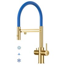 Mitigeur De Cuisine 5 Voies En Acier Inoxydable Massif, Bec Pivotant Douchette 2-jets Détachable, Or Satiné Pvd / Bleu