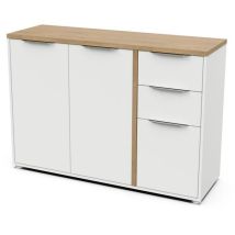 Enfilade Access - 3 Portes + 2 Tiroirs - Décor Chene Hamilton Et Blanc - L 121,5 X P 39,6 X H 85,6 Cm -