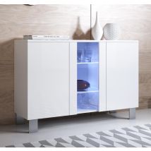 Bahut Buffet Pour Salon Salle À Manger Blanc Brillant Lumière Led Bleu 120x40x82cm Design Ameublement Luke A1