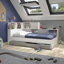 Erwan Lit Enfant Avec Rangements - Décor Blanc Et Gris- 90 X 200 Cm