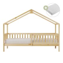 Sunny Kae Lit Cabane Avec Barrière De Sécurité, En Bois, Beige Au Sol - Matelas Hybride 90 X 200 Inclus - Montessori