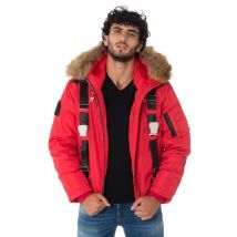 THE NEW DESIGNERS - Bomber à capuche rouge homme avec fourrure en raccoon