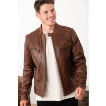 DAYTONA - Blouson à col motard en cuir d'agneau cognac foncé