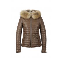 OAKWOOD - Chaqueta de cuero marrón claro con cuello de piel