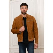 DAYTONA - Blouson col motard en cuir suede cognac