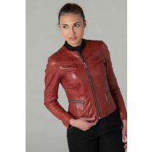 ROSE GARDEN - Blouson en cuir rouge col rond