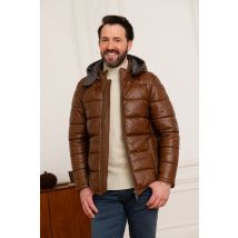 OAKWOOD - Doudoune en cuir marron avec capuche