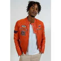 - Blouson en cuir orange esprit motard racing