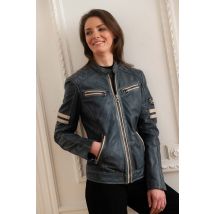 ROSE GARDEN - Cazadora biker de piel azul marino para mujer