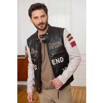 DAYTONA - Blouson en cuir col motard marron/ecru patché